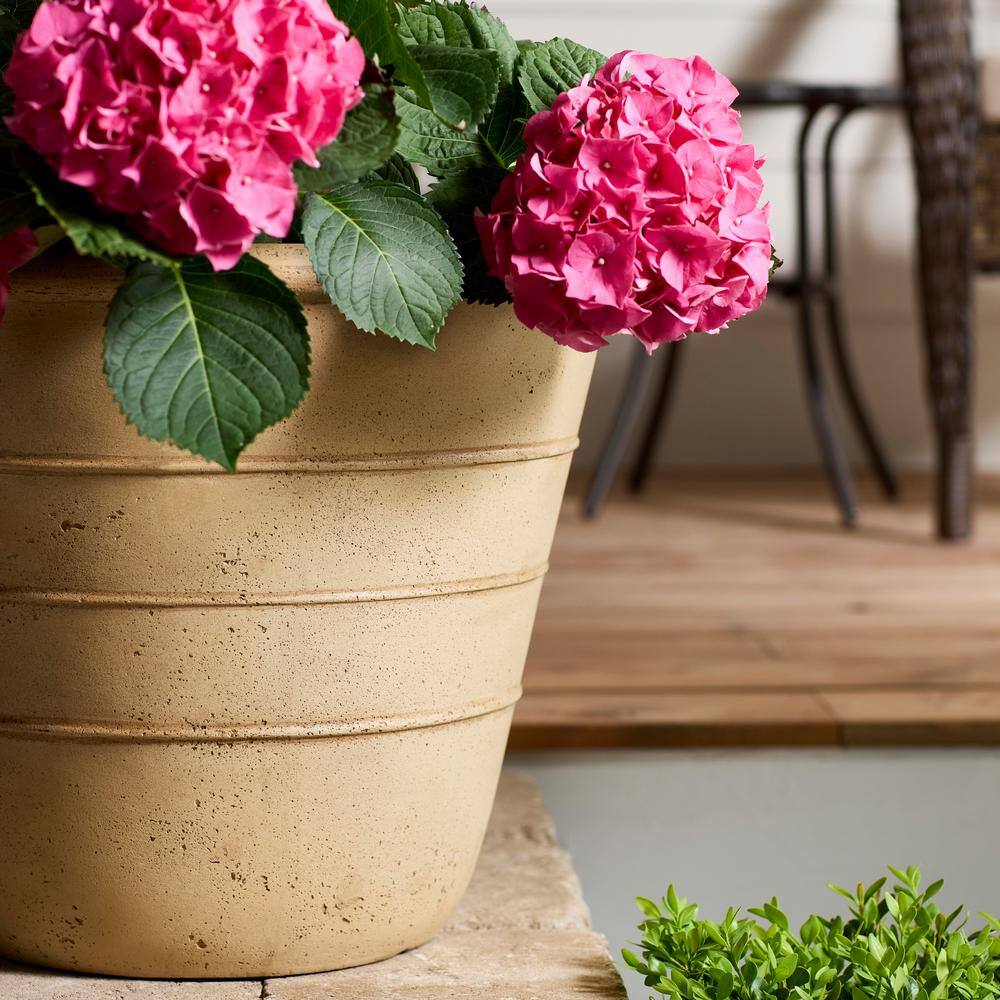 Vigoro Sorrento Washd Sand Cast Stone Triple Band L 18in. L x 18 in. W x 14 in. H Beige Stone Decorative Pots (Pack of 4)