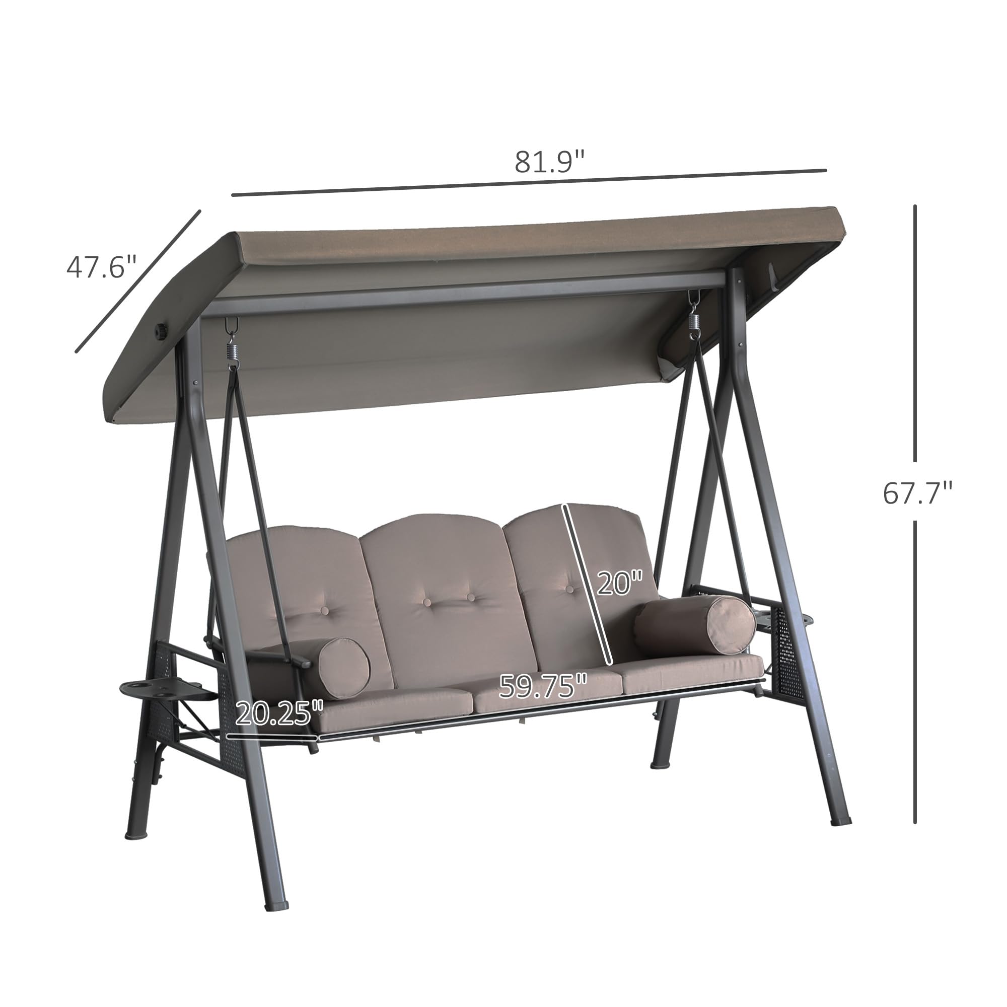 Outsunny 3-Seat Patio Swing Chair, Outdoor Porch Swing Glider with Adjustable Canopy, Removable Cushion, Pillows and Side Trays, Brown