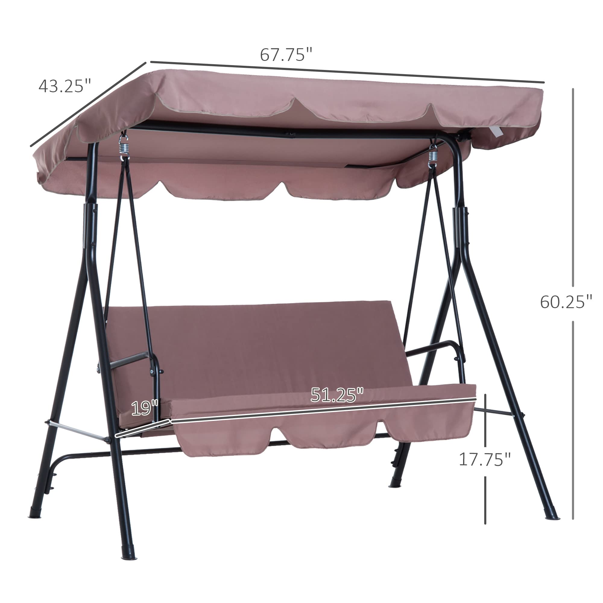 Outsunny 3-Seat Outdoor Patio Swing Chair with Removable Cushion, Steel Frame Stand and Adjustable Tilt Canopy for Patio, Brown