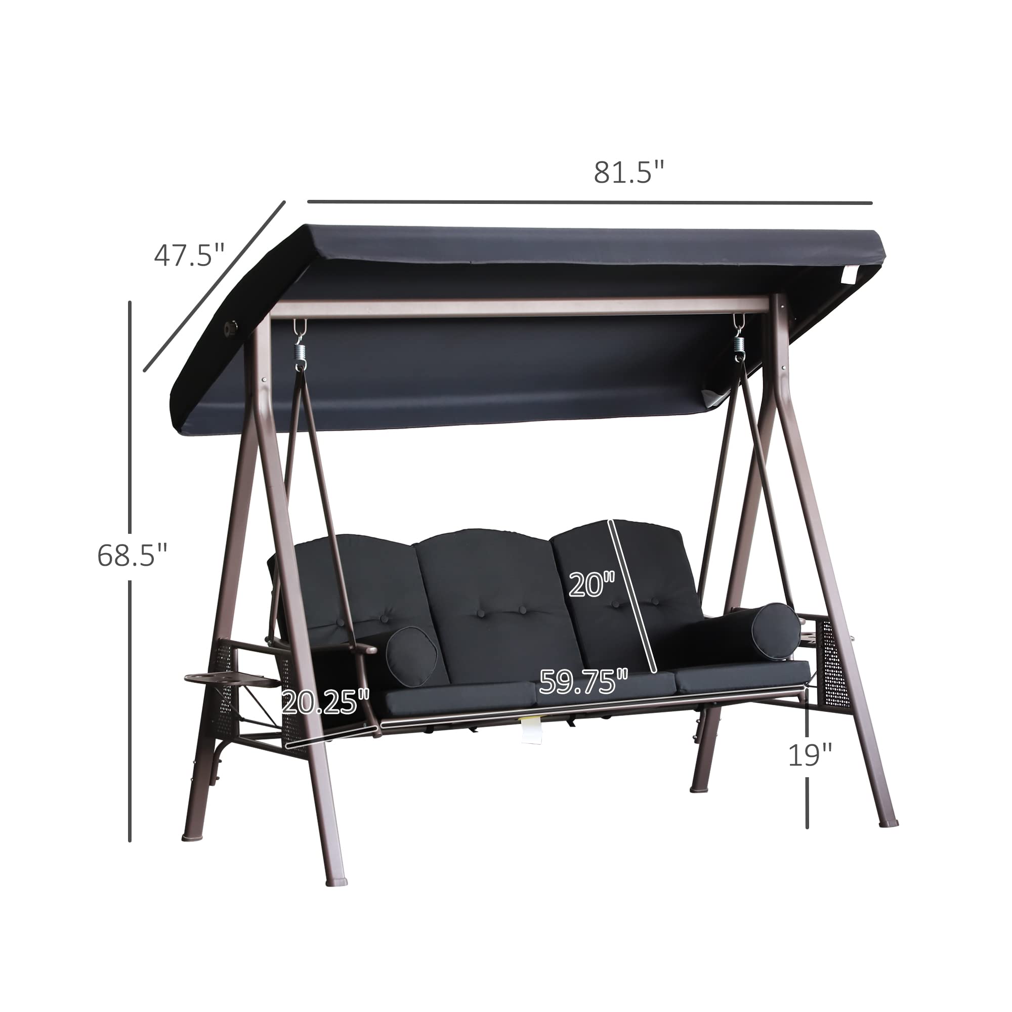 Outsunny 3-Seat Patio Swing Chair, Outdoor Porch Swing Glider with Adjustable Canopy, Removable Cushion, Pillows and Side Trays, Black