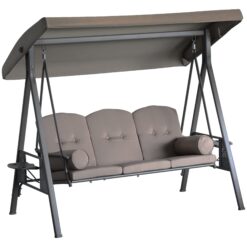Outsunny 3-Seat Patio Swing Chair, Outdoor Porch Swing Glider with Adjustable Canopy, Removable Cushion, Pillows and Side Trays, Brown
