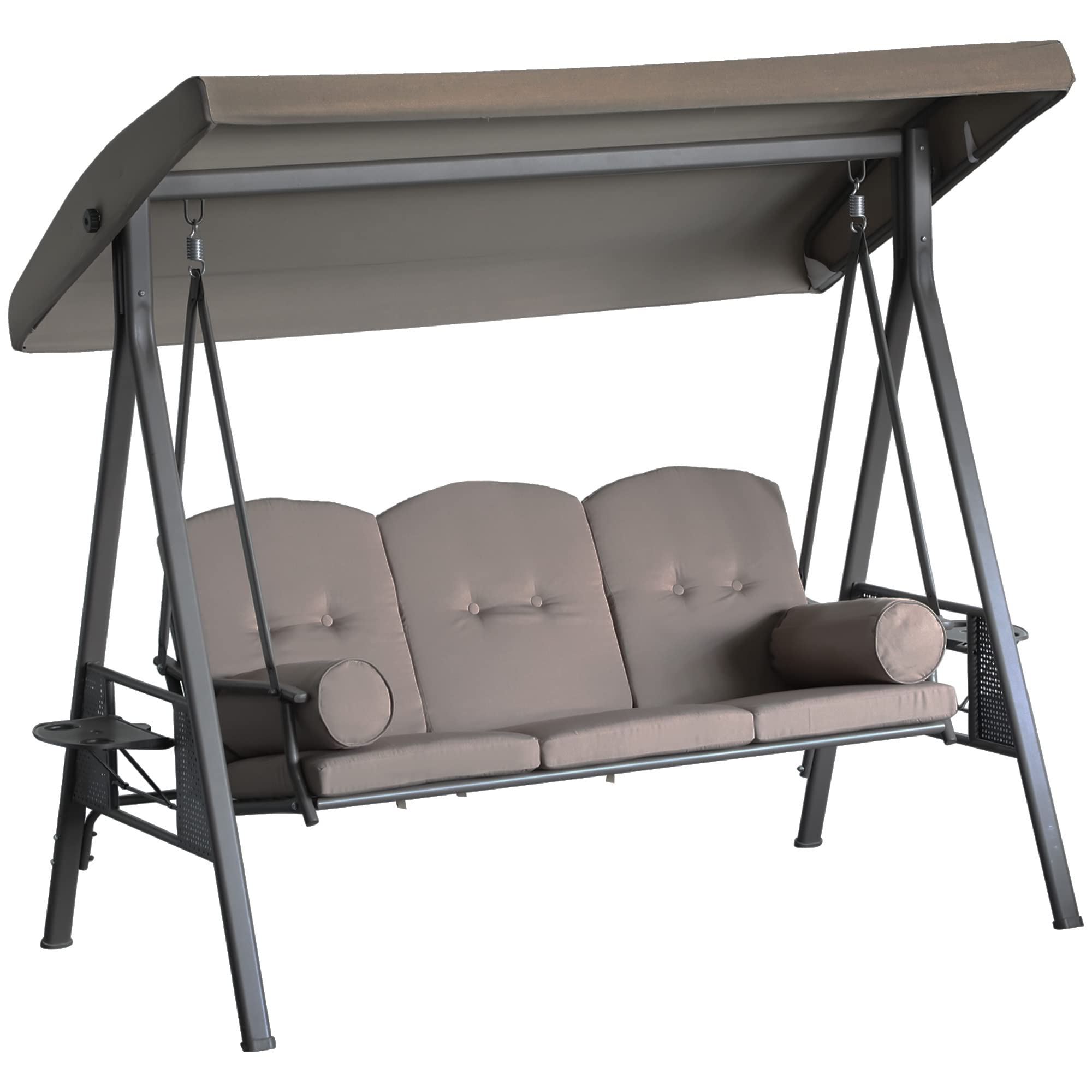 Outsunny 3-Seat Patio Swing Chair, Outdoor Porch Swing Glider with Adjustable Canopy, Removable Cushion, Pillows and Side Trays, Brown