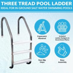 Poolzilla Three Tread Stainless Steel Pool Ladder Entry and Exit System for In-Ground Salt Water Swimming Pools