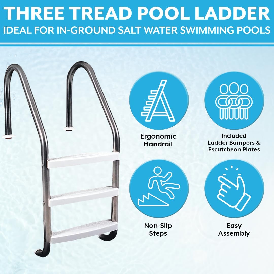 Poolzilla Three Tread Stainless Steel Pool Ladder Entry and Exit System for In-Ground Salt Water Swimming Pools