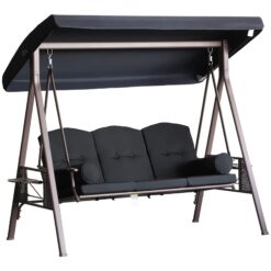 Outsunny 3-Seat Patio Swing Chair, Outdoor Porch Swing Glider with Adjustable Canopy, Removable Cushion, Pillows and Side Trays, Black