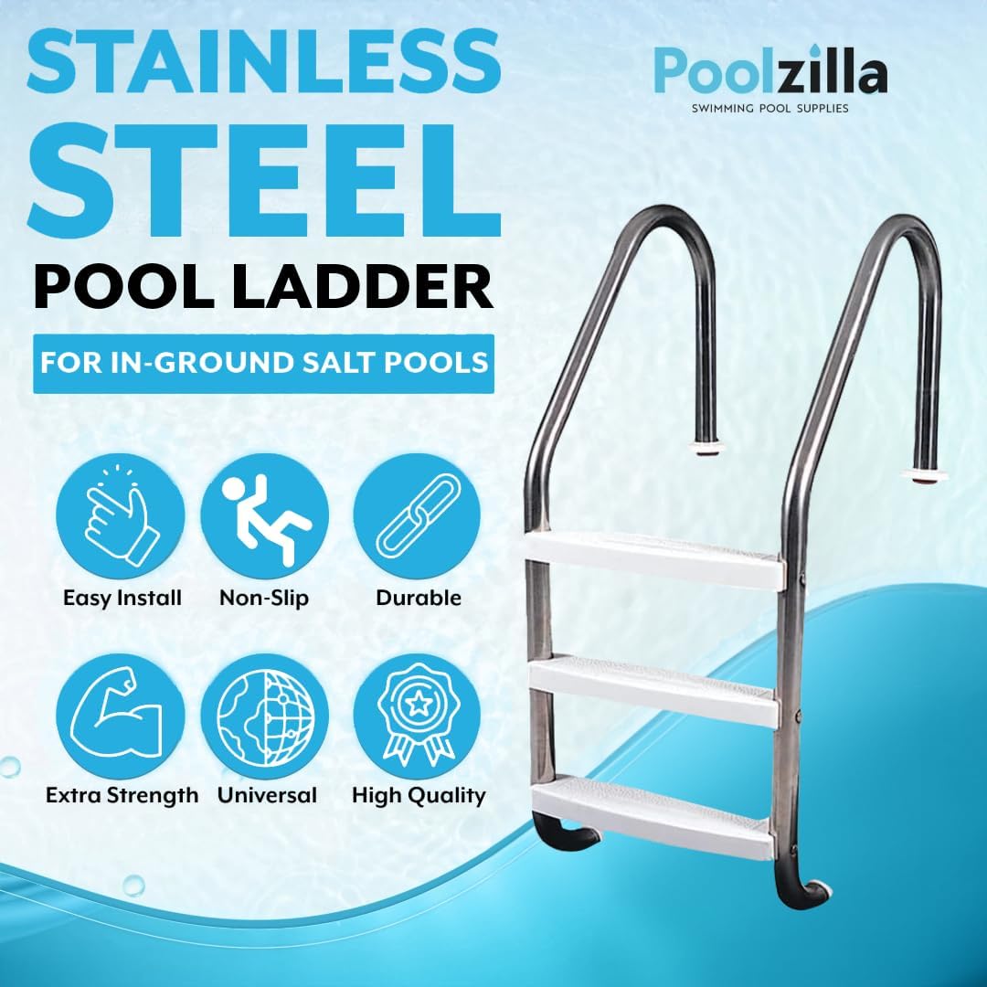 Poolzilla Three Tread Stainless Steel Pool Ladder Entry and Exit System for In-Ground Salt Water Swimming Pools