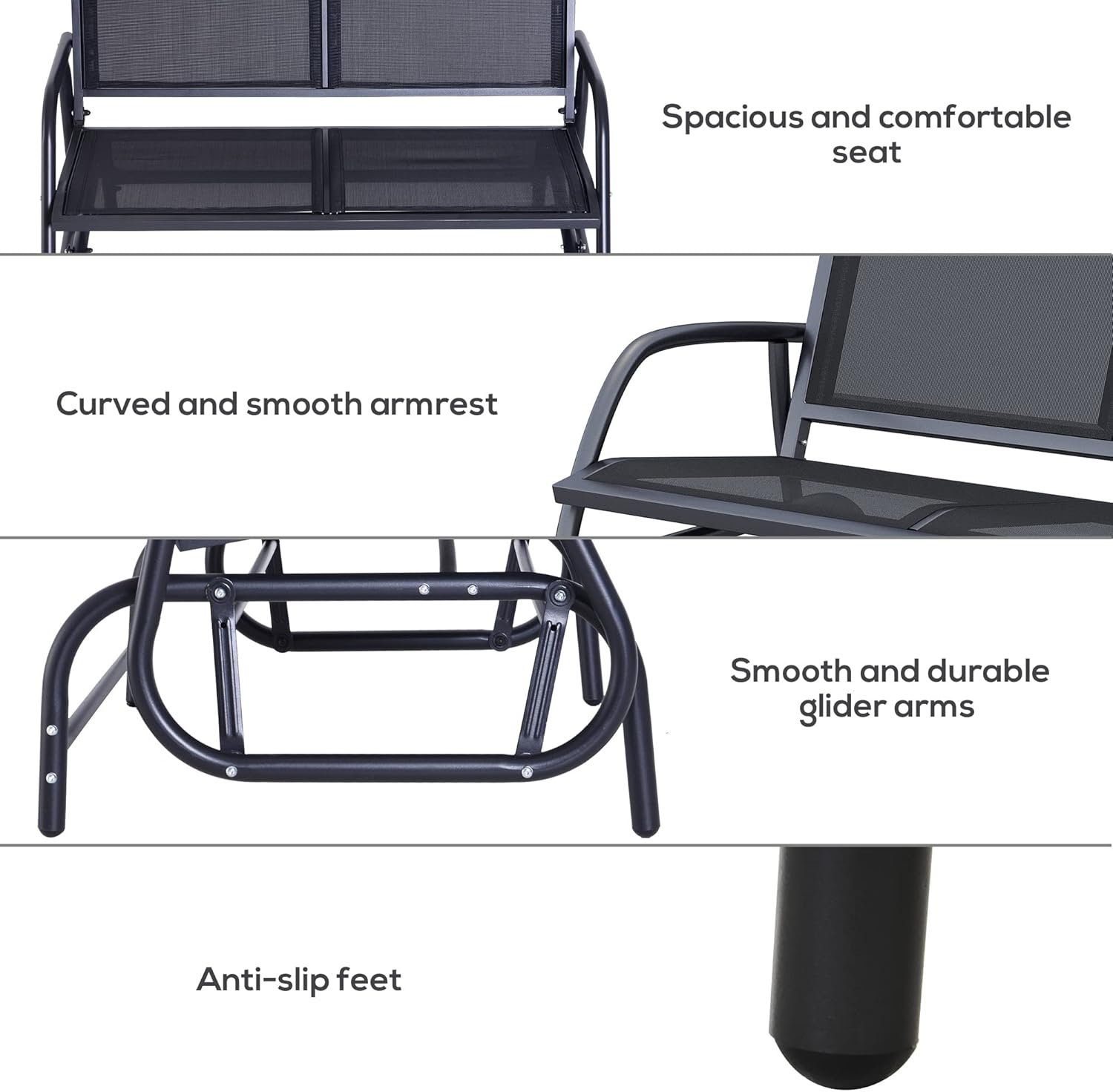 Outsunny 2-Person Outdoor Glider Bench, Patio Double Swing Rocking Chair Loveseat w/Powder Coated Steel Frame, Black