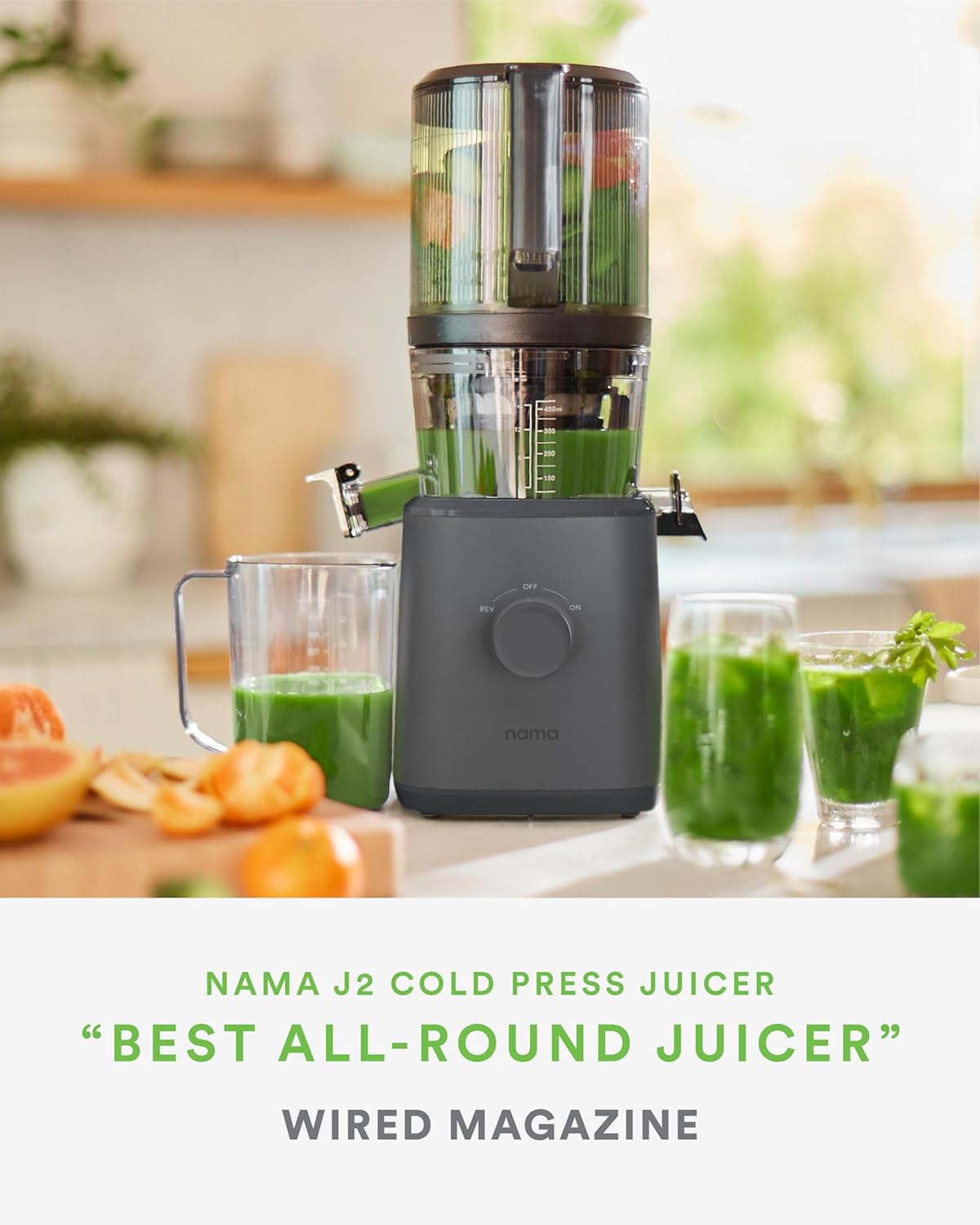 Nama J2 Cold Press Juicer – Self Feeding for Hands-Free Operation with Wide Mouth Hopper – Easy Cleanup & Assembly, Gray