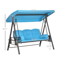 Outsunny 3-Seat Patio Swing Chair, Outdoor Porch Swing Glider with Adjustable Canopy, Removable Cushion, Pillows and Side Trays, Blue