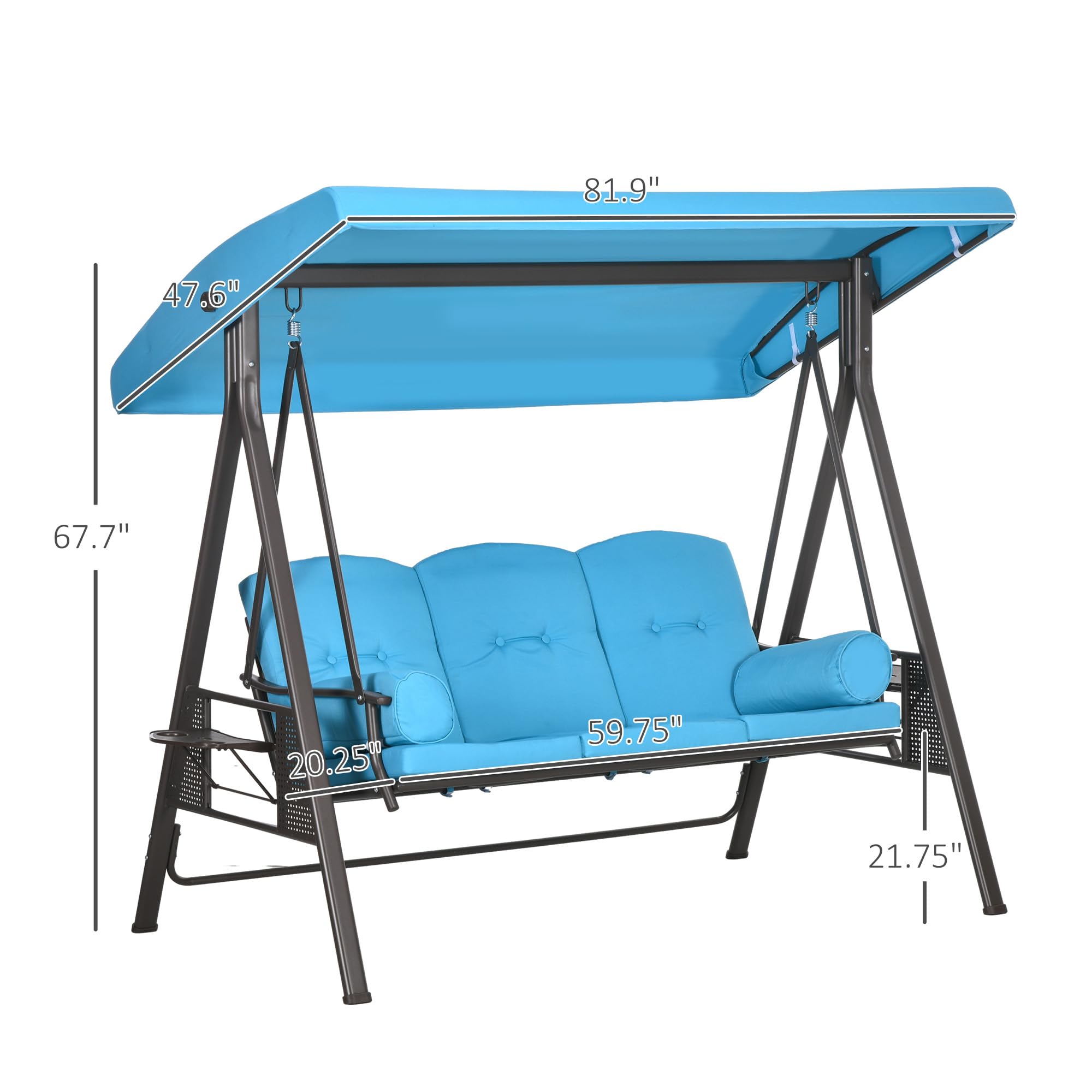 Outsunny 3-Seat Patio Swing Chair, Outdoor Porch Swing Glider with Adjustable Canopy, Removable Cushion, Pillows and Side Trays, Blue