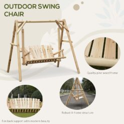 Outsunny 2-Seat Porch Swing with Stand, Wooden Patio Swing Chair Bench, for Garden, Poolside, Backyard, Natural