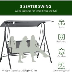 Outsunny 3-Person Porch Swing with Stand, Outdoor Swing for Patio Porch, Gray