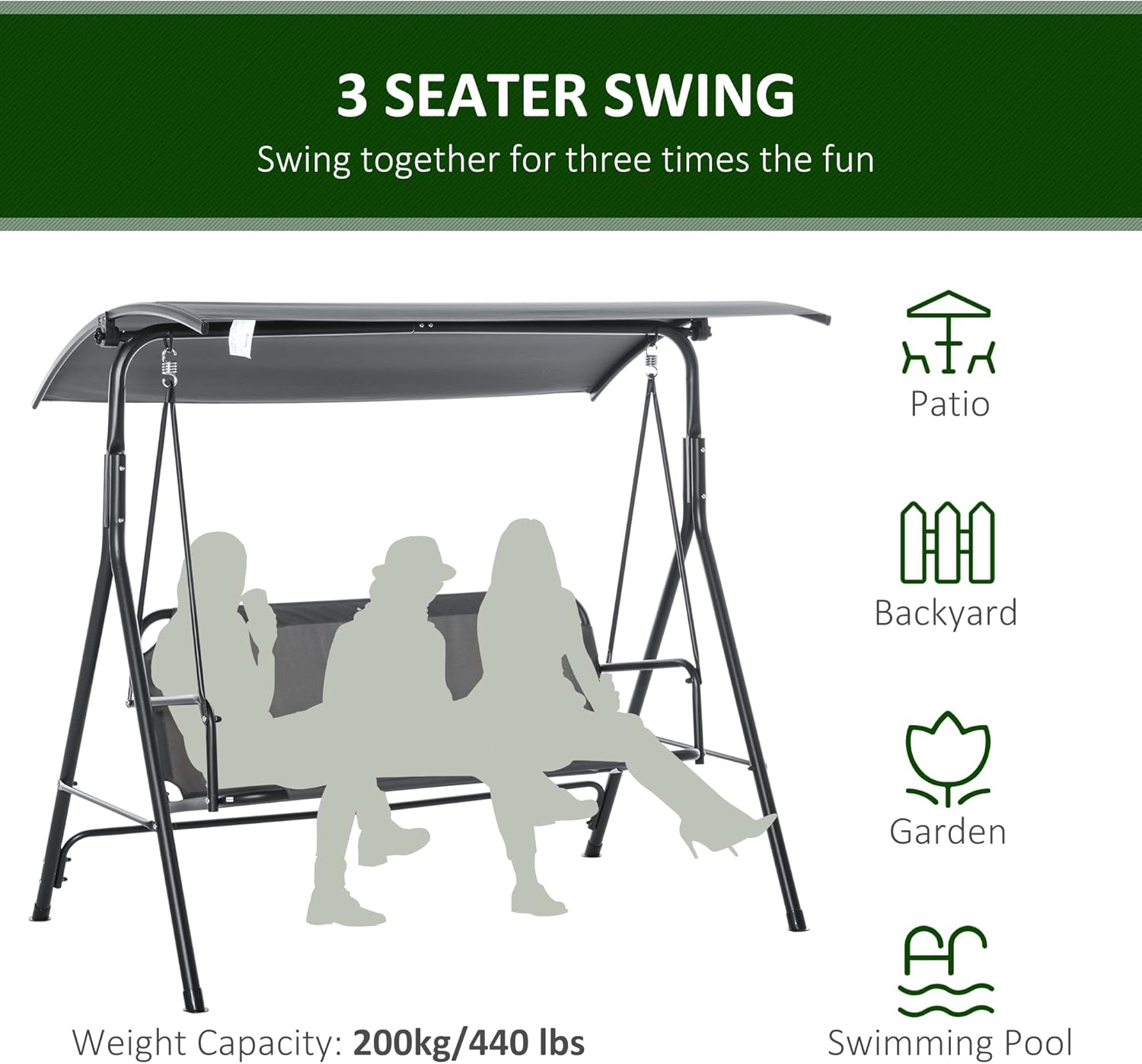 Outsunny 3-Person Porch Swing with Stand, Outdoor Swing for Patio Porch, Gray