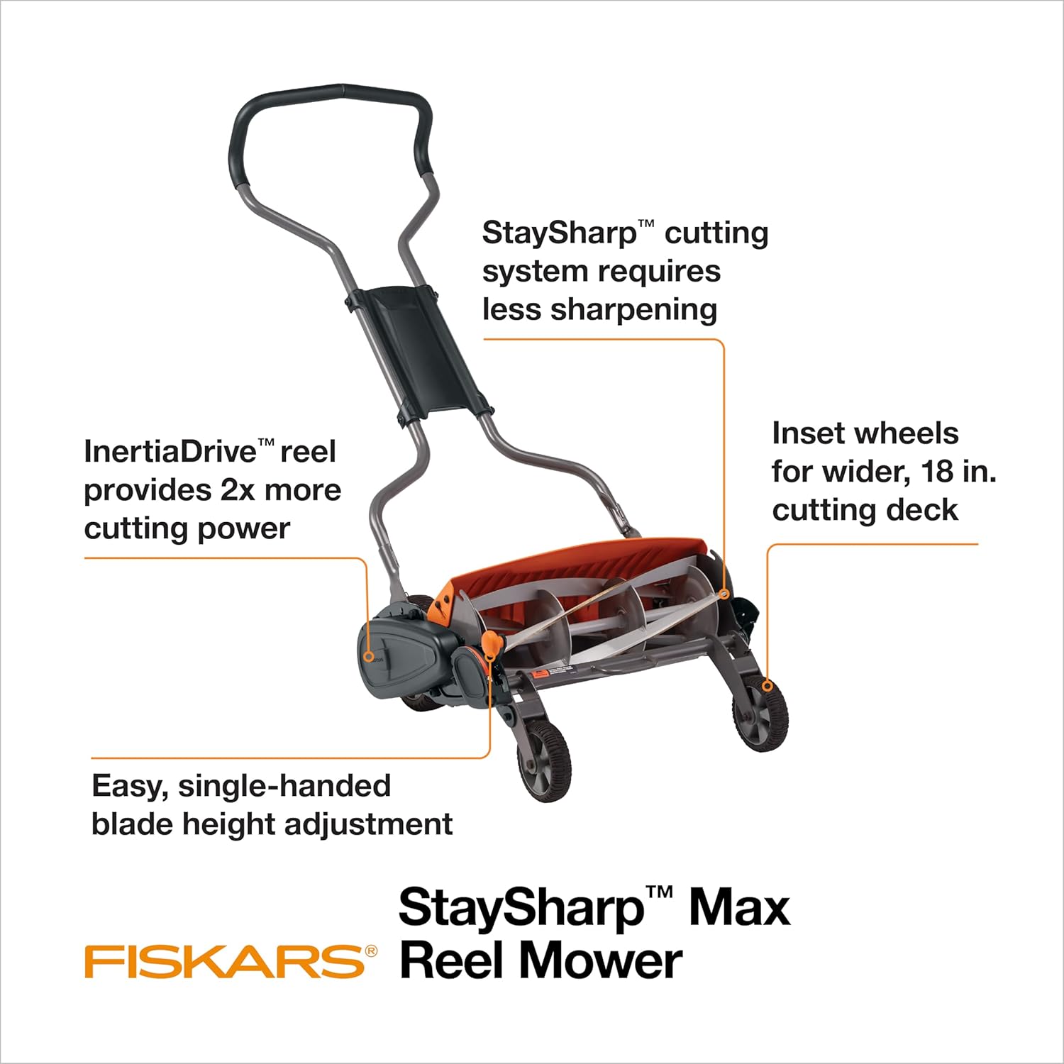Fiskars Push Mower - 18" Cut Width Manual Reel Mower with No Motor - Eco Friendly Lawn Care