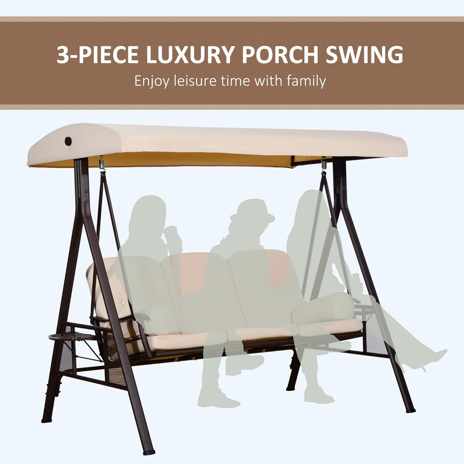 Outsunny 3-Seat Patio Swing Chair, Outdoor Porch Swing Glider with Adjustable Canopy, Removable Cushion