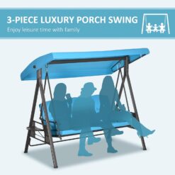Outsunny 3-Seat Patio Swing Chair, Outdoor Porch Swing Glider with Adjustable Canopy, Removable Cushion, Pillows and Side Trays, Blue