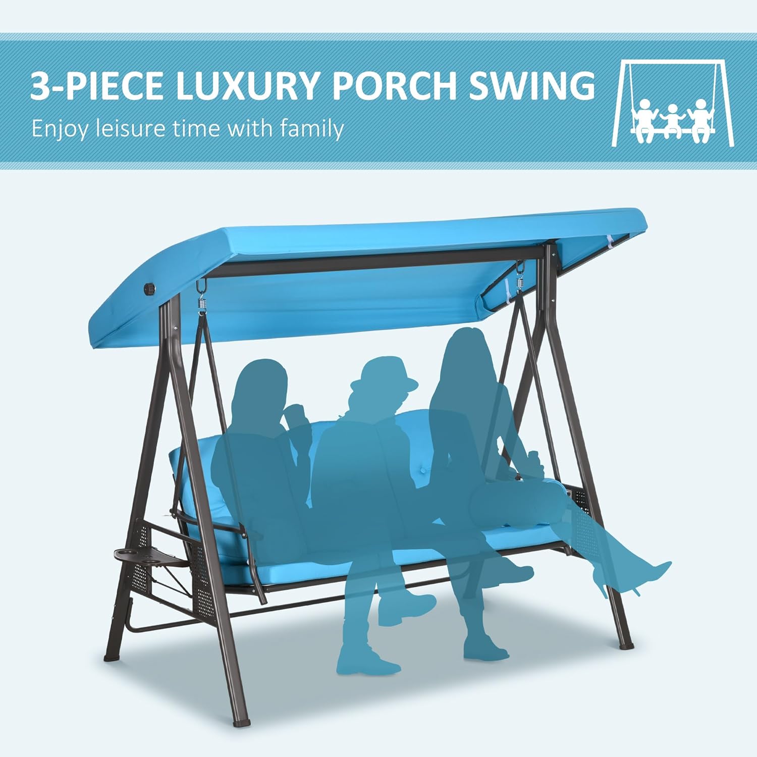 Outsunny 3-Seat Patio Swing Chair, Outdoor Porch Swing Glider with Adjustable Canopy, Removable Cushion, Pillows and Side Trays, Blue