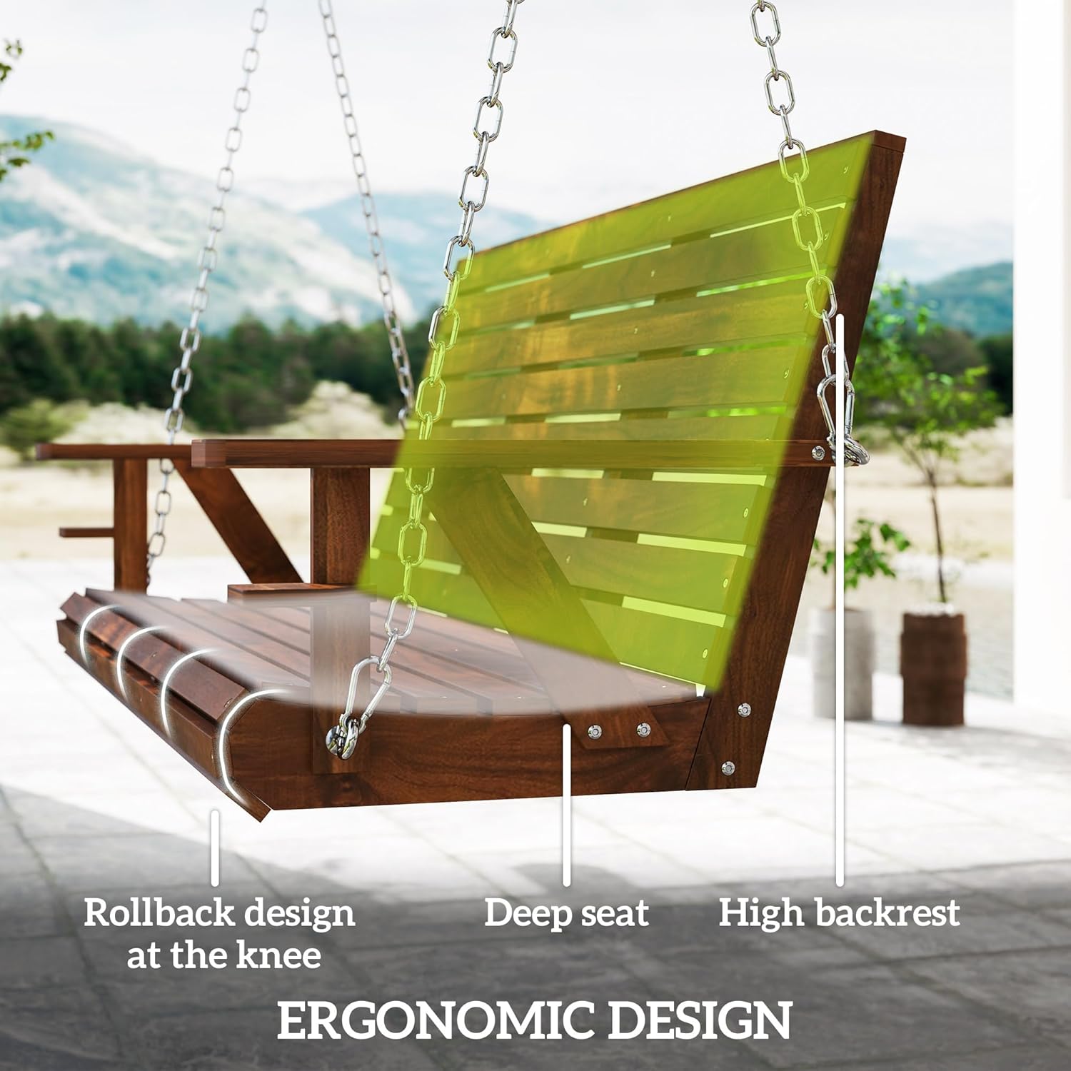 Outsunny Upgraded Wooden Porch Swing 3-Seater, 5 FT Outdoor Patio Swing Bench with Cupholders, Hanging Chains, Carbonized