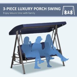 Outsunny 3-Seat Patio Swing Chair, Outdoor Porch Swing Glider with Adjustable Canopy, Removable Cushion, Dark Blue