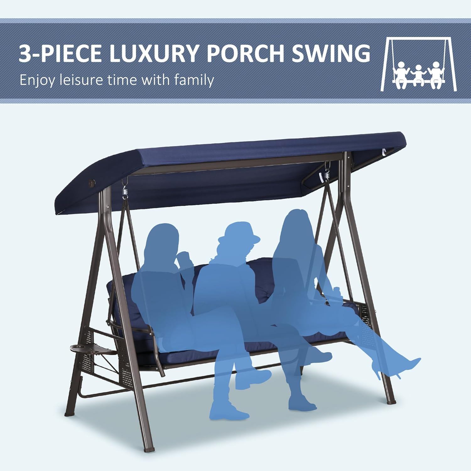 Outsunny 3-Seat Patio Swing Chair, Outdoor Porch Swing Glider with Adjustable Canopy, Removable Cushion, Dark Blue
