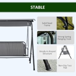Outsunny 3-Person Porch Swing with Stand, Outdoor Swing for Patio Porch, Gray