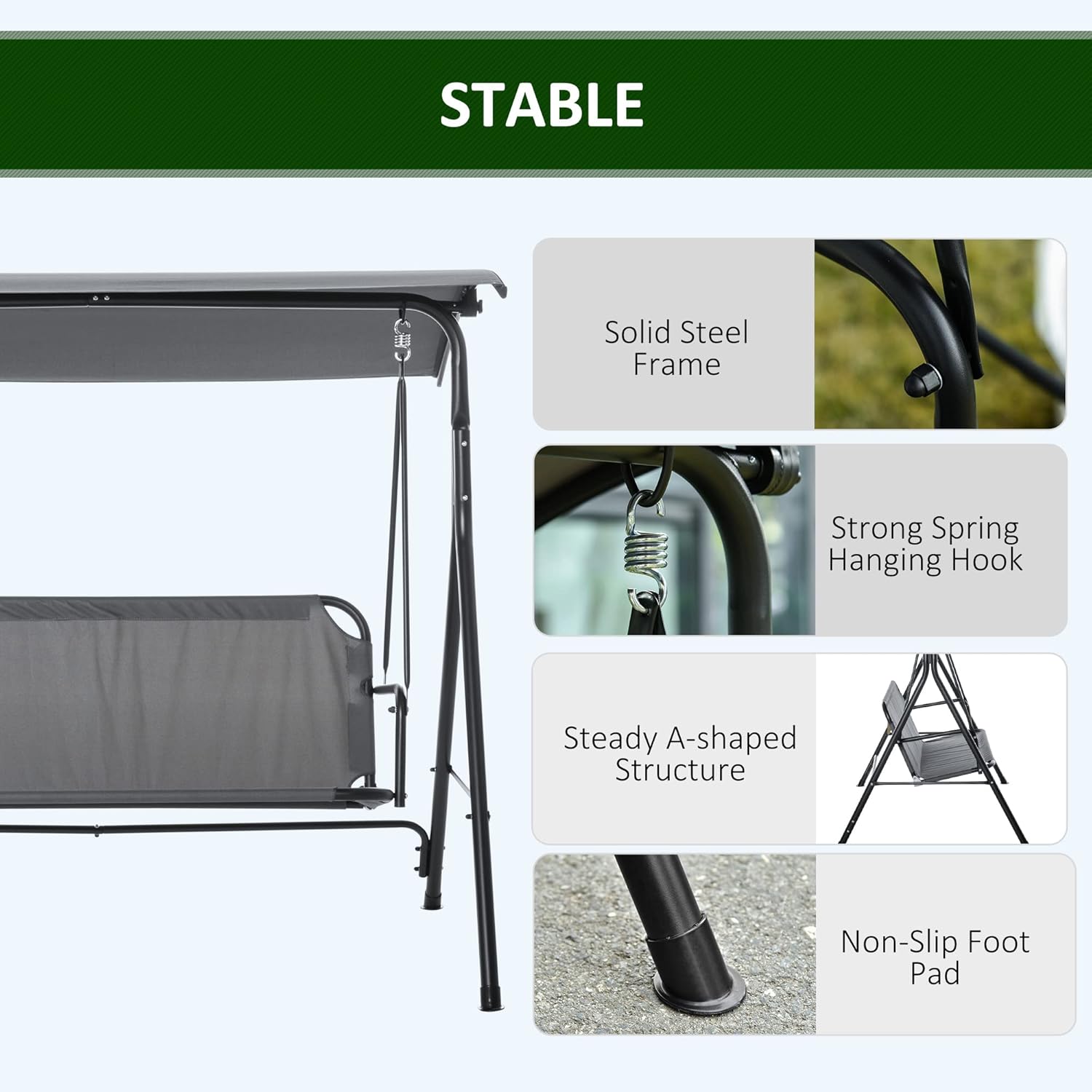 Outsunny 3-Person Porch Swing with Stand, Outdoor Swing for Patio Porch, Gray