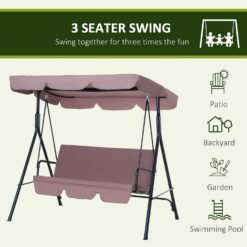 Outsunny 3-Seat Outdoor Patio Swing Chair with Removable Cushion, Steel Frame Stand and Adjustable Tilt Canopy for Patio, Brown