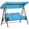 Outsunny 3-Seat Patio Swing Chair, Outdoor Porch Swing Glider with Adjustable Canopy, Removable Cushion, Pillows and Side Trays, Blue