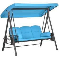 Outsunny 3-Seat Patio Swing Chair, Outdoor Porch Swing Glider with Adjustable Canopy, Removable Cushion, Pillows and Side Trays, Blue
