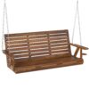Outsunny Upgraded Wooden Porch Swing 3-Seater, 5 FT Outdoor Patio Swing Bench with Cupholders, Hanging Chains, Carbonized