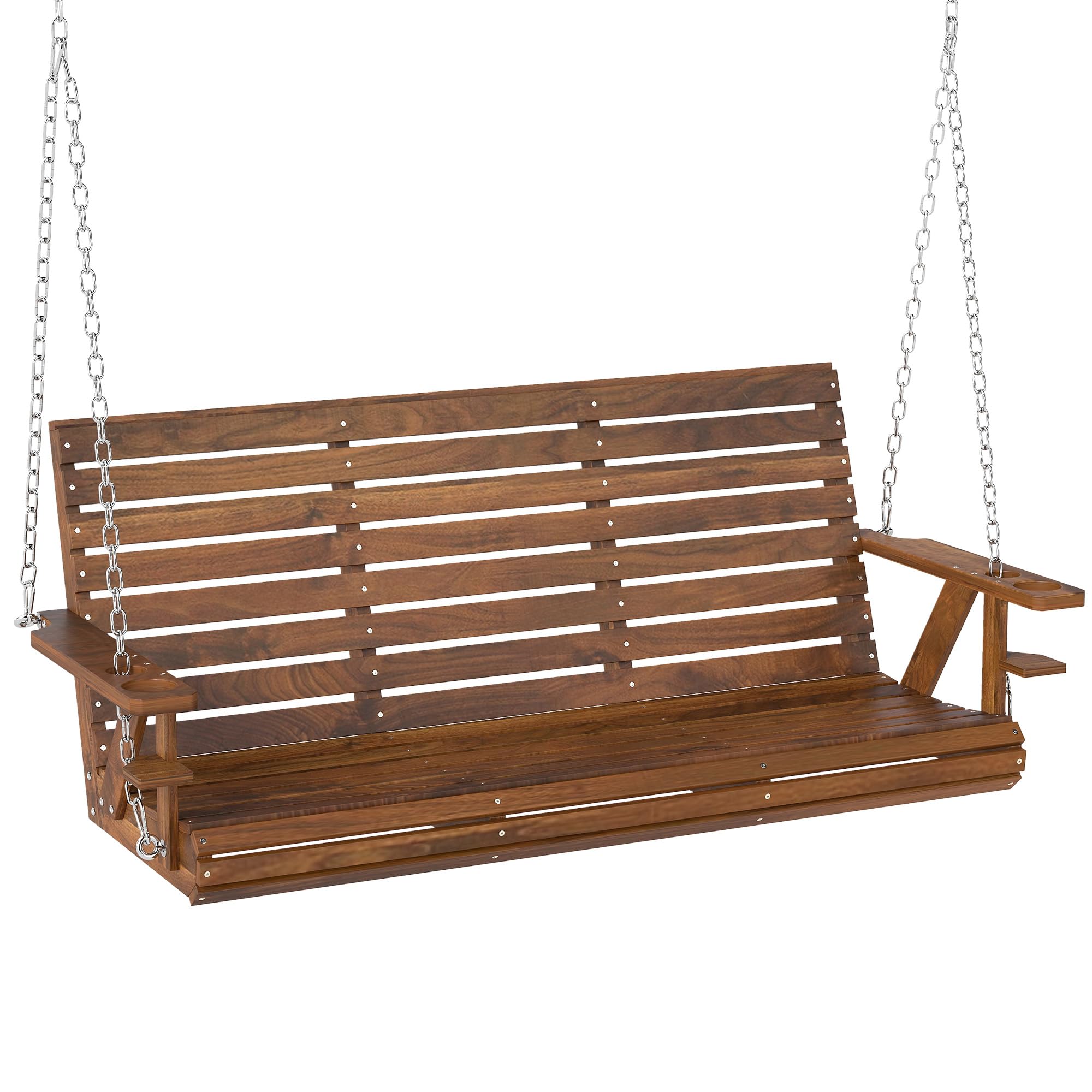 Outsunny Upgraded Wooden Porch Swing 3-Seater, 5 FT Outdoor Patio Swing Bench with Cupholders, Hanging Chains, Carbonized