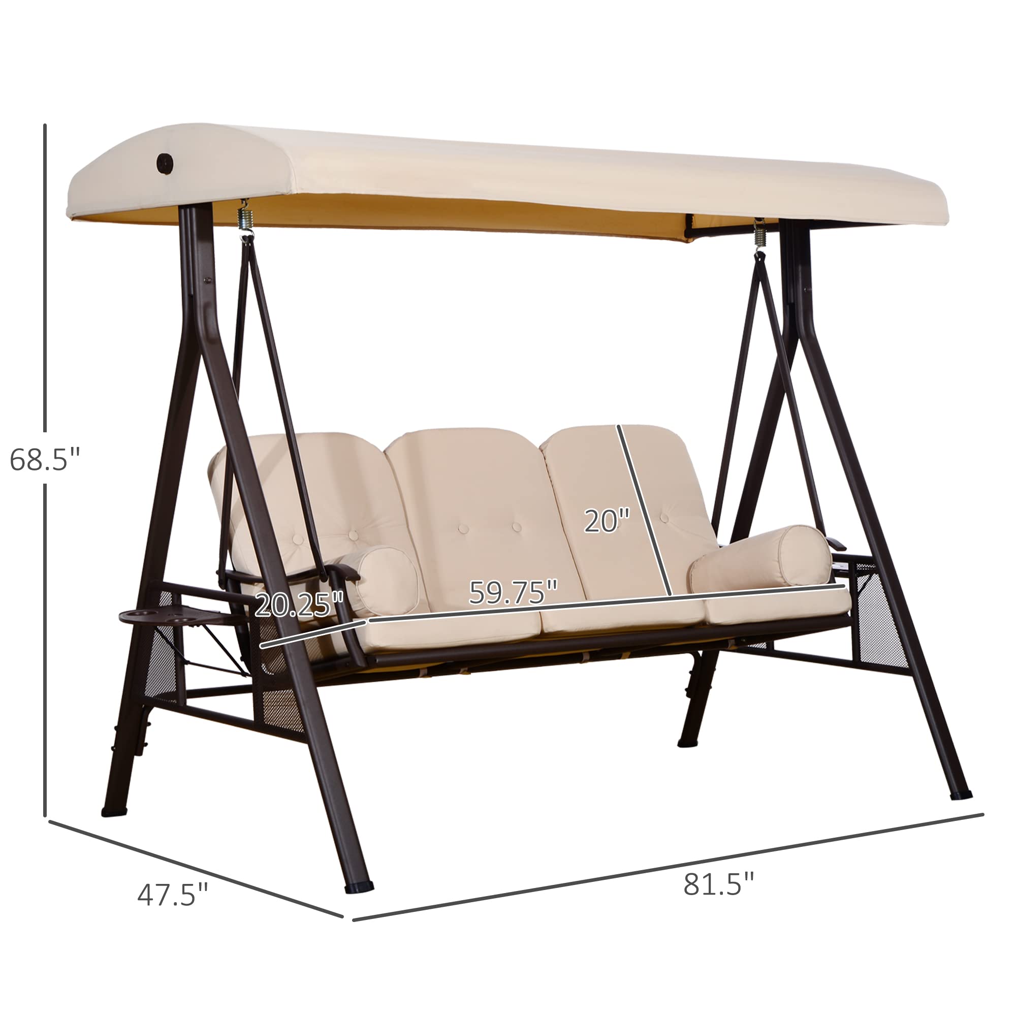 Outsunny 3-Seat Patio Swing Chair, Outdoor Porch Swing Glider with Adjustable Canopy, Removable Cushion
