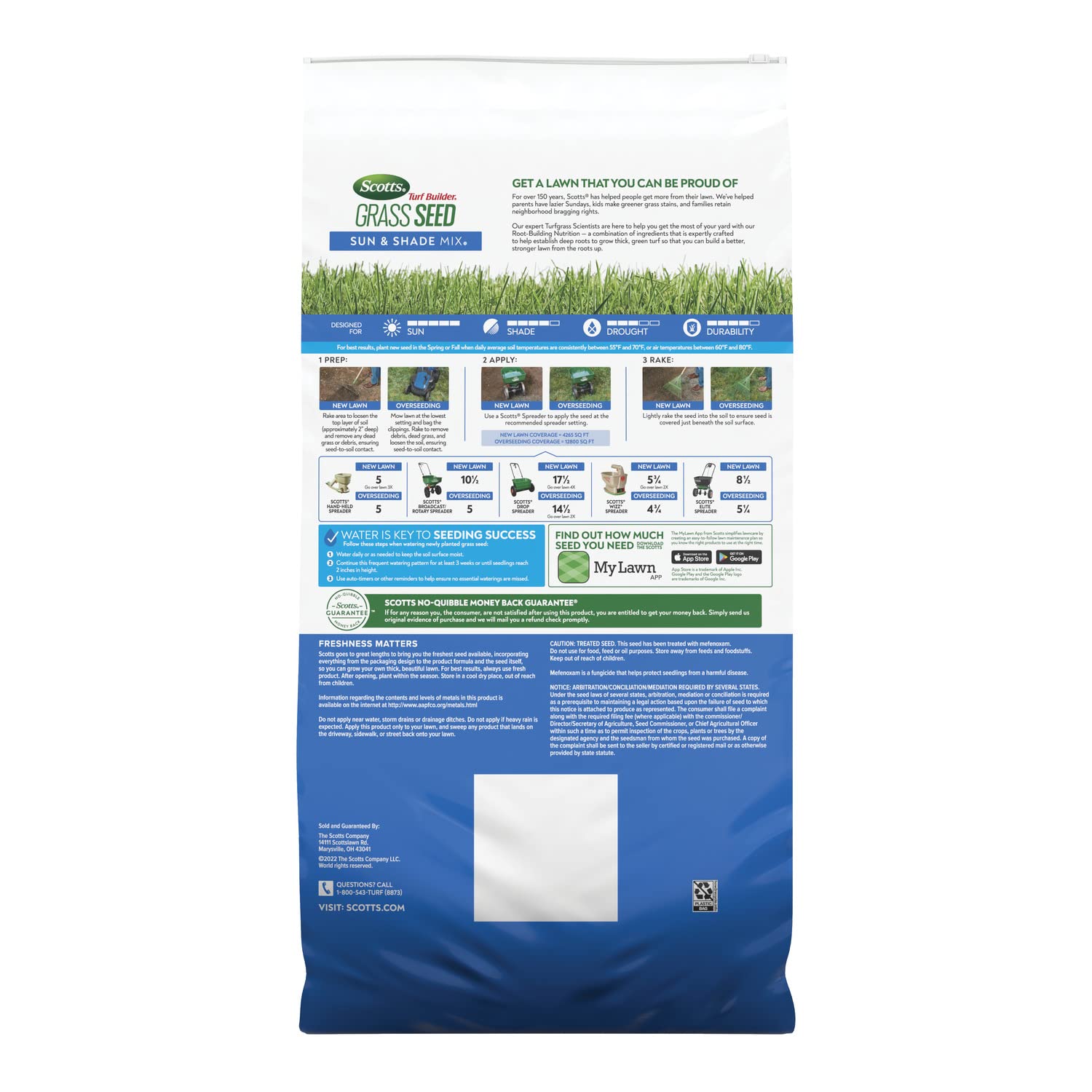Scotts Turf Builder Grass Seed Sun and Shade Mix with Fertilizer and Soil Improver, Thrives in Many Conditions, 32 lbs.