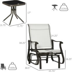 Outsunny 3-Piece Outdoor Gliders Set Bistro Set with Steel Frame, Tempered Glass Top Table for Patio, Garden, Backyard, Lawn, Cream White