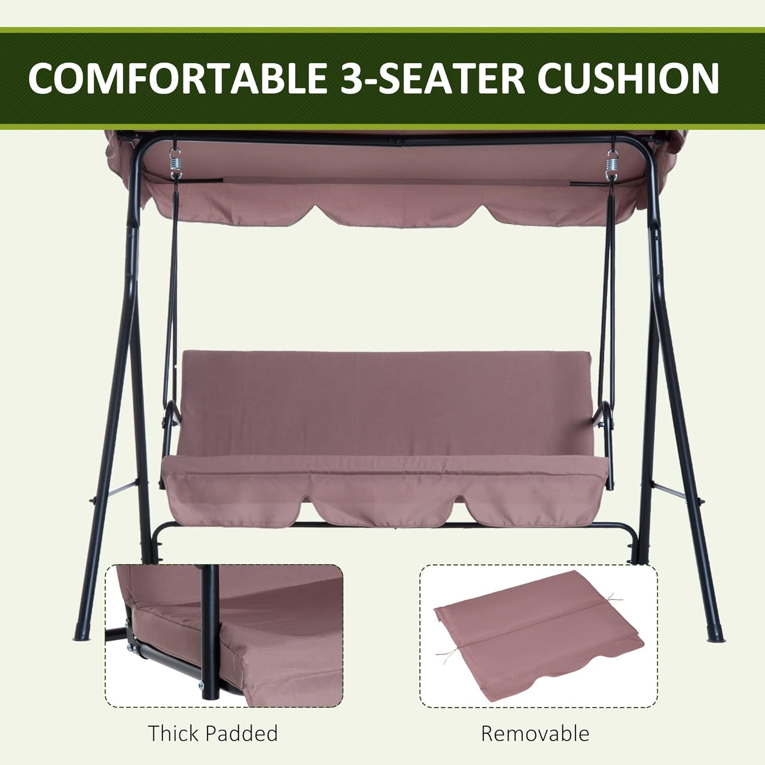 Outsunny 3-Seat Outdoor Patio Swing Chair with Removable Cushion, Steel Frame Stand and Adjustable Tilt Canopy for Patio, Brown