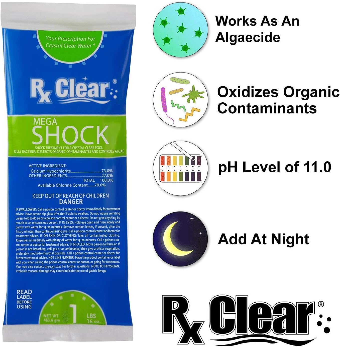Rx Clear Mega Shock | 73% Calcium Hypochlorite | Kills Algae in Swimming Pools | 48 Pack