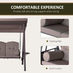 Outsunny 3-Seat Patio Swing Chair, Outdoor Porch Swing Glider with Adjustable Canopy, Removable Cushion, Pillows and Side Trays, Brown