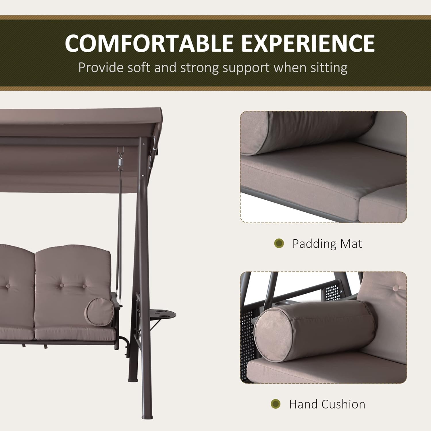 Outsunny 3-Seat Patio Swing Chair, Outdoor Porch Swing Glider with Adjustable Canopy, Removable Cushion, Pillows and Side Trays, Brown