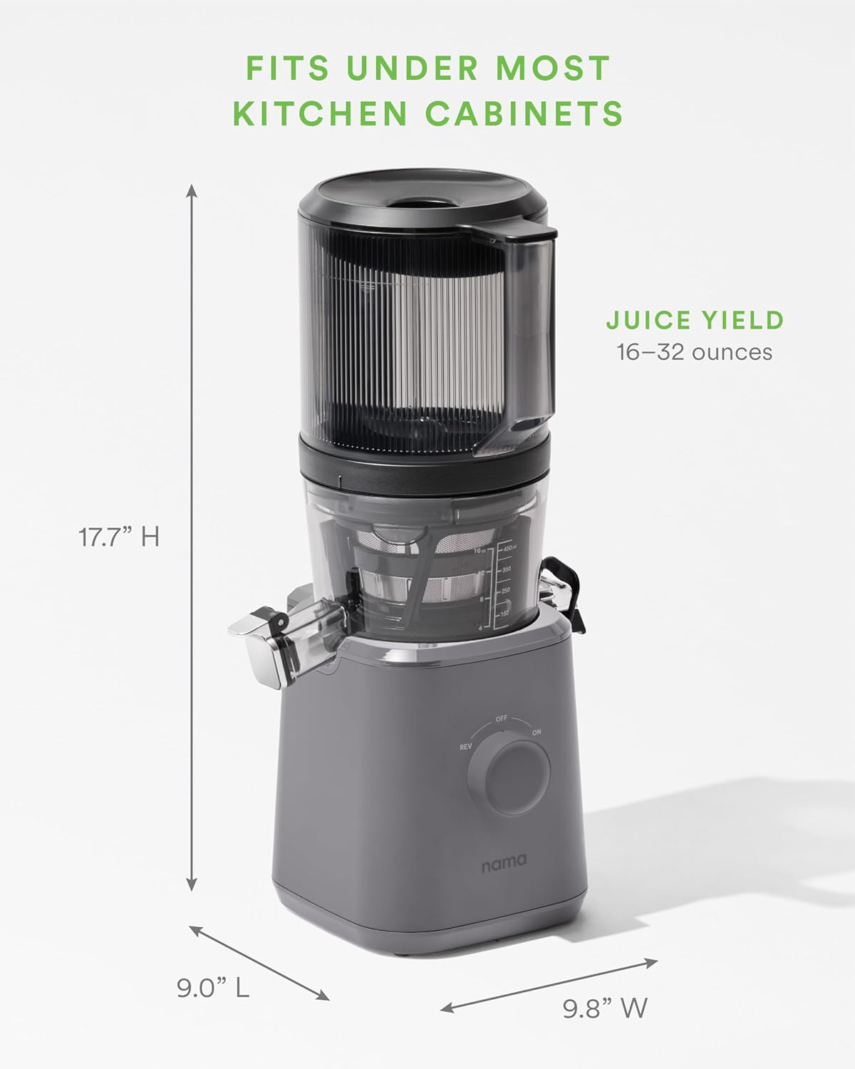 Nama J2 Cold Press Juicer – Self Feeding for Hands-Free Operation with Wide Mouth Hopper – Easy Cleanup & Assembly, Gray