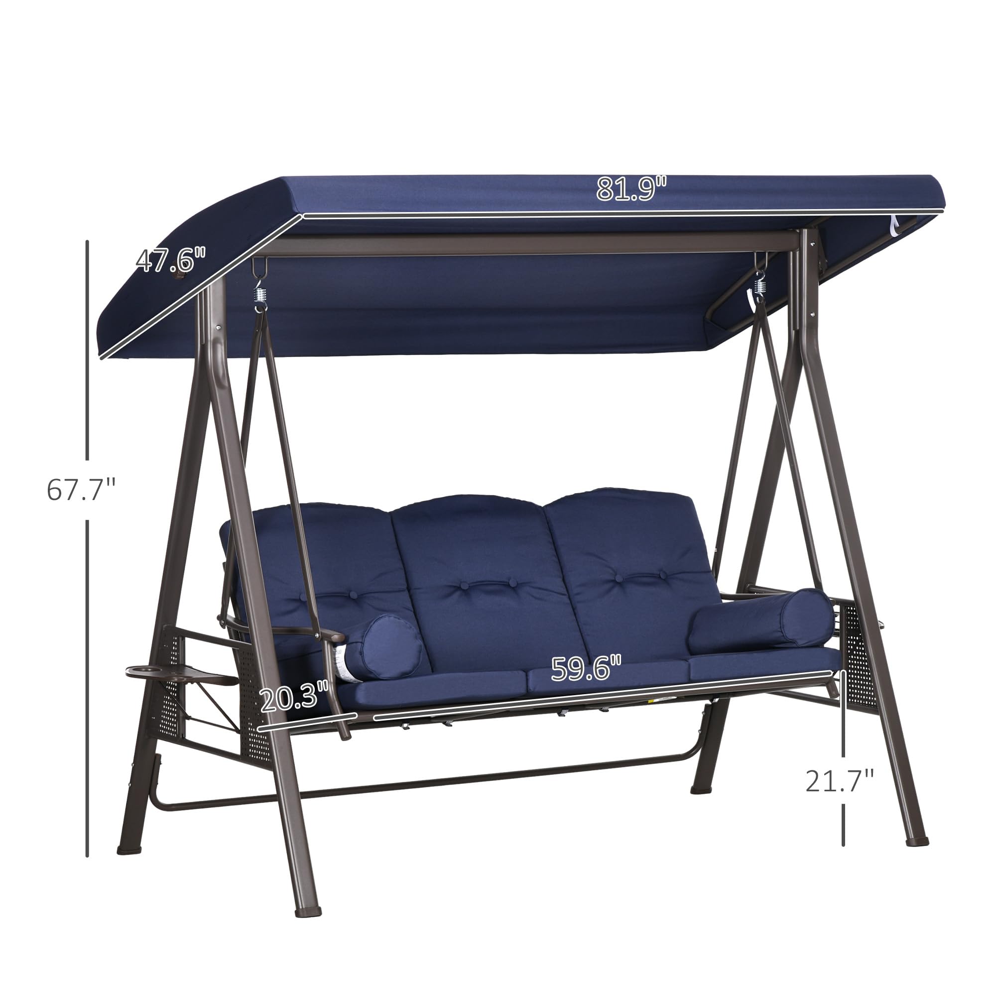 Outsunny 3-Seat Patio Swing Chair, Outdoor Porch Swing Glider with Adjustable Canopy, Removable Cushion, Dark Blue