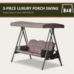 Outsunny 3-Seat Patio Swing Chair, Outdoor Porch Swing Glider with Adjustable Canopy, Removable Cushion, Pillows and Side Trays, Brown