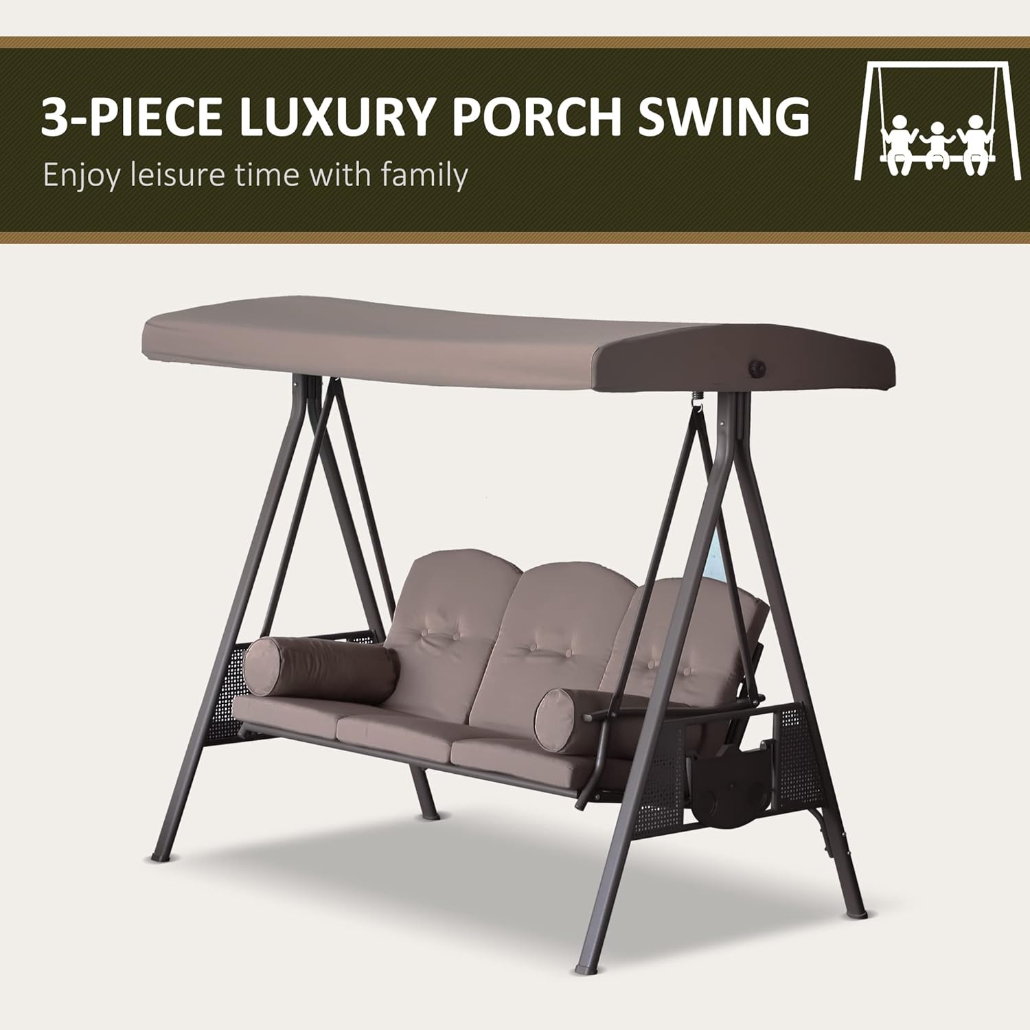 Outsunny 3-Seat Patio Swing Chair, Outdoor Porch Swing Glider with Adjustable Canopy, Removable Cushion, Pillows and Side Trays, Brown