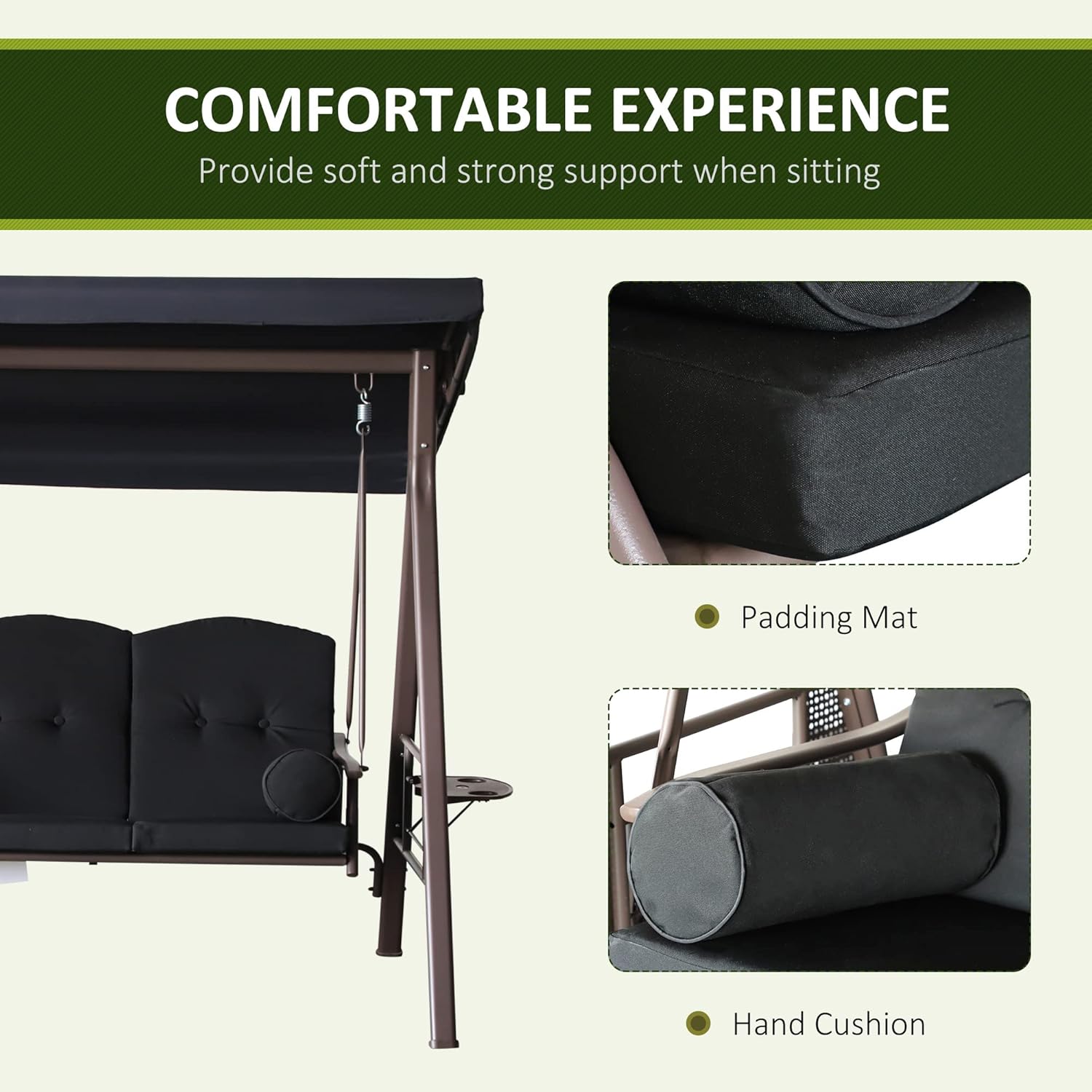 Outsunny 3-Seat Patio Swing Chair, Outdoor Porch Swing Glider with Adjustable Canopy, Removable Cushion, Pillows and Side Trays, Black