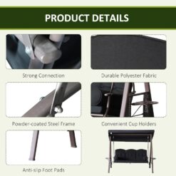 Outsunny 3-Seat Patio Swing Chair, Outdoor Porch Swing Glider with Adjustable Canopy, Removable Cushion, Pillows and Side Trays, Black