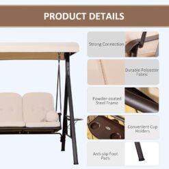 Outsunny 3-Seat Patio Swing Chair, Outdoor Porch Swing Glider with Adjustable Canopy, Removable Cushion