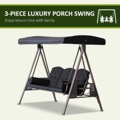 Outsunny 3-Seat Patio Swing Chair, Outdoor Porch Swing Glider with Adjustable Canopy, Removable Cushion, Pillows and Side Trays, Black