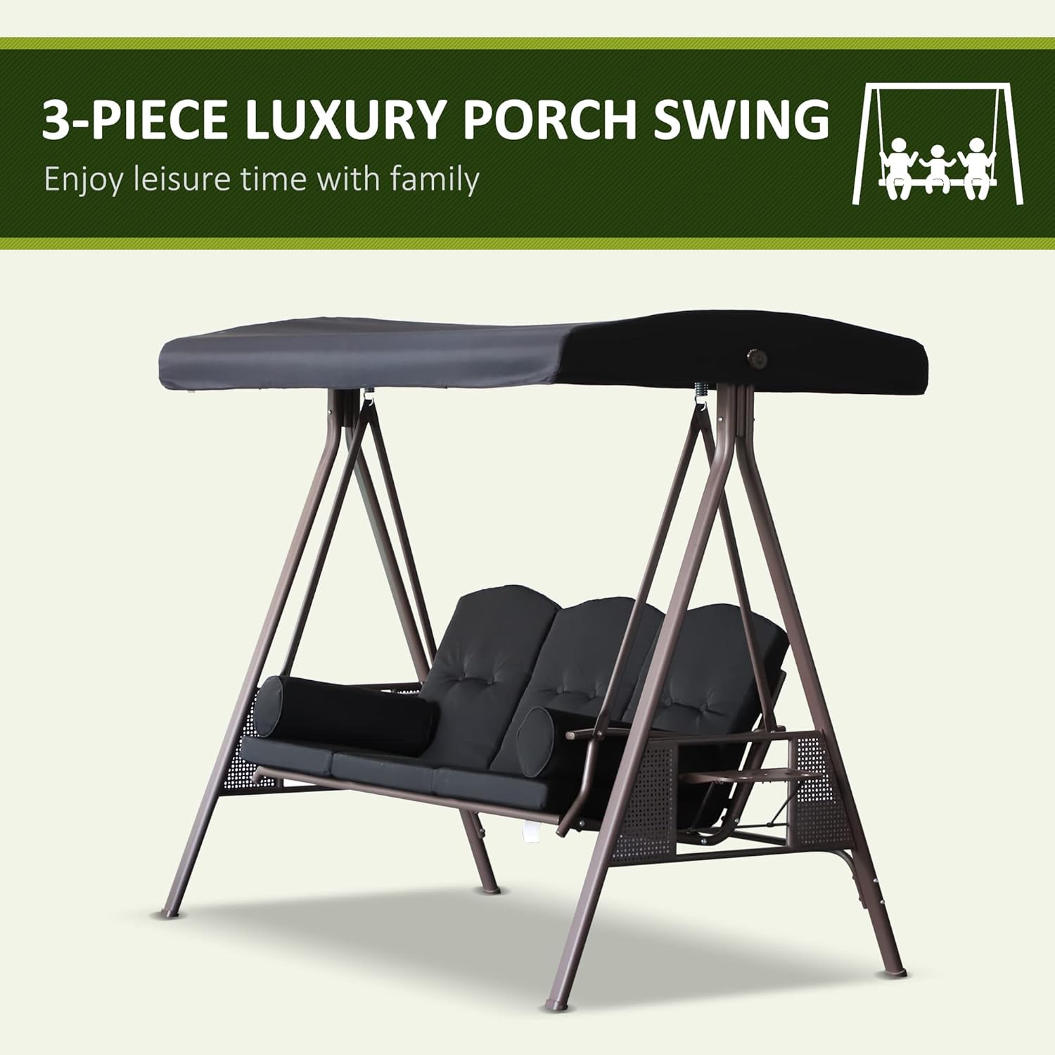 Outsunny 3-Seat Patio Swing Chair, Outdoor Porch Swing Glider with Adjustable Canopy, Removable Cushion, Pillows and Side Trays, Black