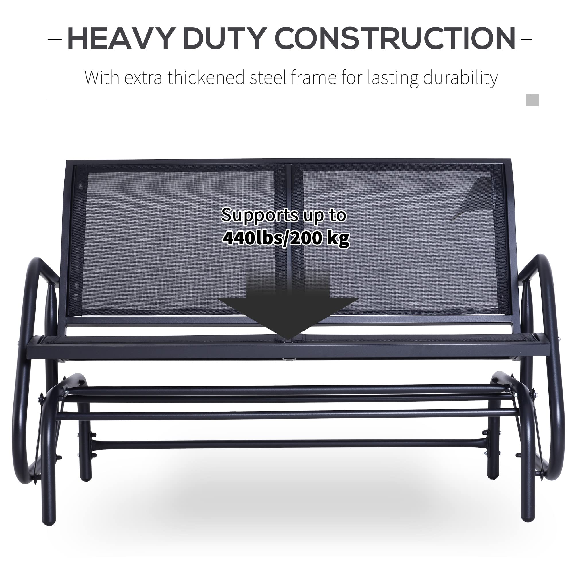 Outsunny 2-Person Outdoor Glider Bench, Patio Double Swing Rocking Chair Loveseat w/Powder Coated Steel Frame, Black