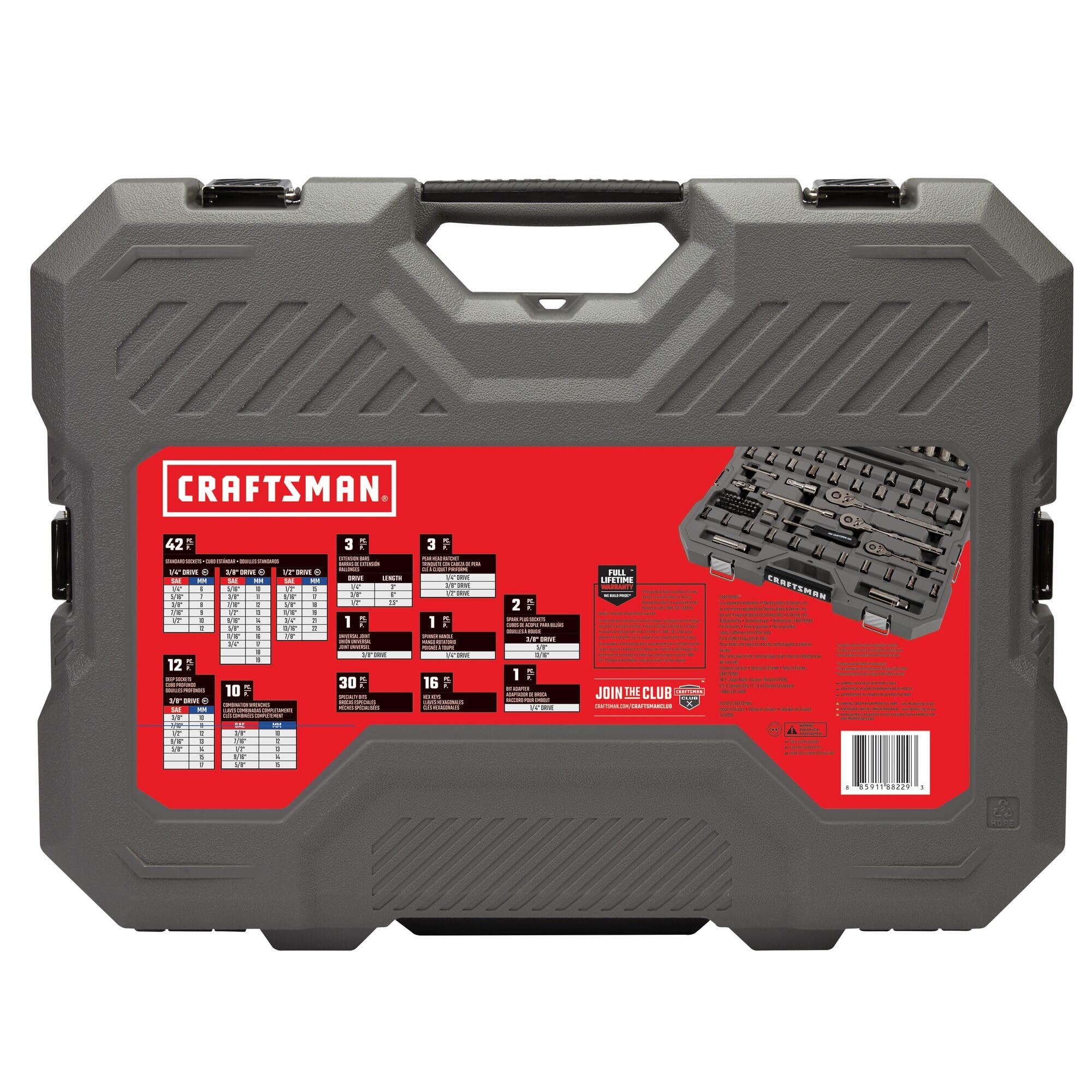 CRAFTSMAN OVERDRIVE 121-Piece Gunmetal Chrome Mechanics Tool Set, Standard SAE/Metric Socket Set, with Hard Case (CMMT99121L)