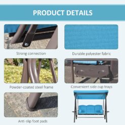 Outsunny 3-Seat Patio Swing Chair, Outdoor Porch Swing Glider with Adjustable Canopy, Removable Cushion, Pillows and Side Trays, Blue